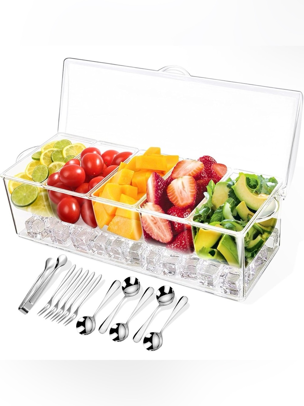 Condiment Tray with Stainless Steel 5 Spoons, 5 Forks and 1 Clip